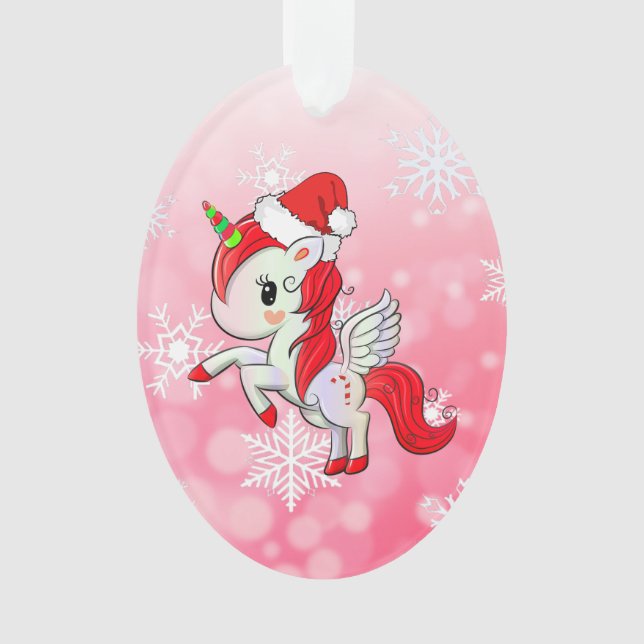 Red Holiday Unicorn and Snowflakes Christmas Ornament (Front)
