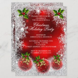 Red Holly Bauble Christmas Holiday Party Snowflake Invitation