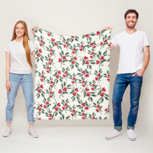 Red Holly berries Green mistletoe leaves Fleece Blanket
