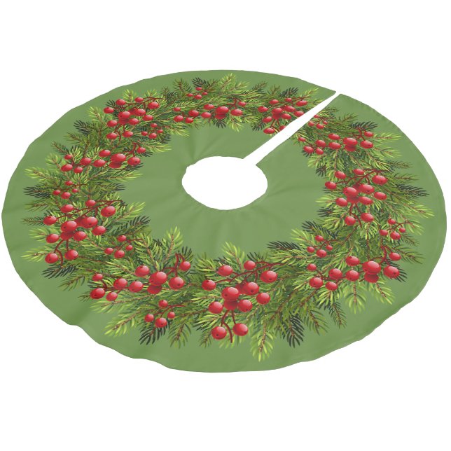 Red Holly Berries Green Pine Tree Needles Motif Brushed Polyester Tree Skirt (Angled)