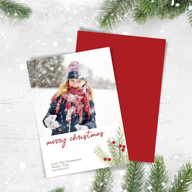 Red Holly Berries Merry Christmas One Photo Holiday Card (Merry Christmas photo card with red and green greenery design.)