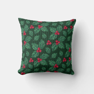 Red Holly Berries on Green Christmas Theme  Cushion