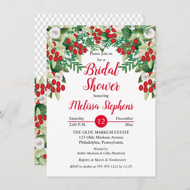 Red Holly Berries | Roses Floral Bridal Shower Invitation (Front/Back)