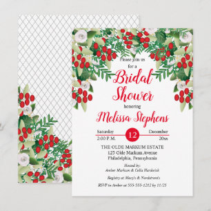Red Holly Berries   Roses Floral Bridal Shower Invitation