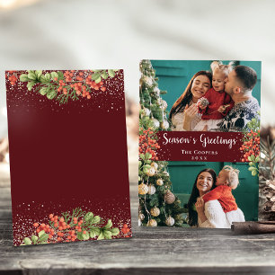 Red Holly Berries Season’s Greetings 2 Photo Holiday Card