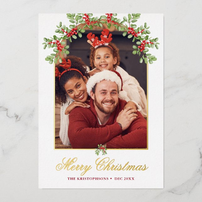 Red Holly Berry Arched Photo Foil Holiday Card (Front)