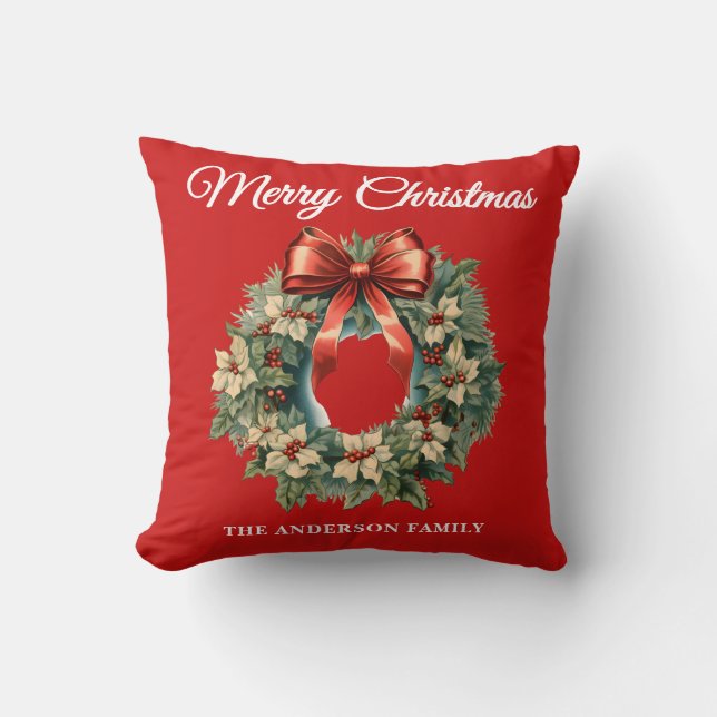 Red Holly Berry Christmas Wreath Cushion (Front)