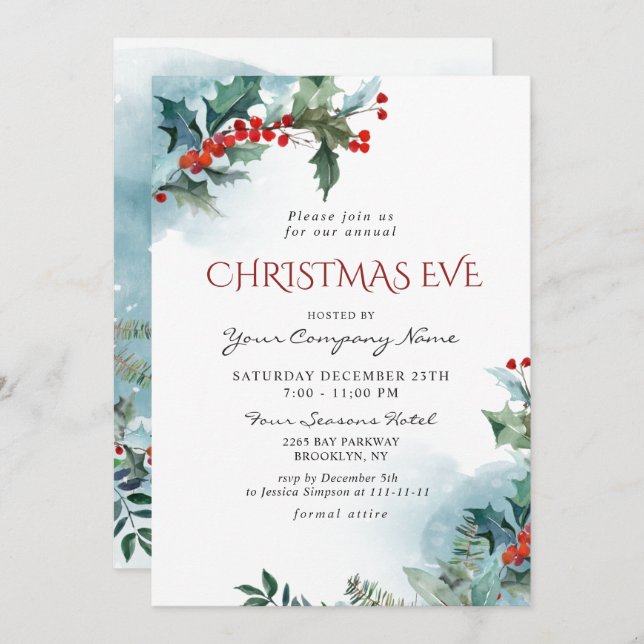Red Holly Berry CORPORATE Christmas Holiday EVE Invitation (Front/Back)