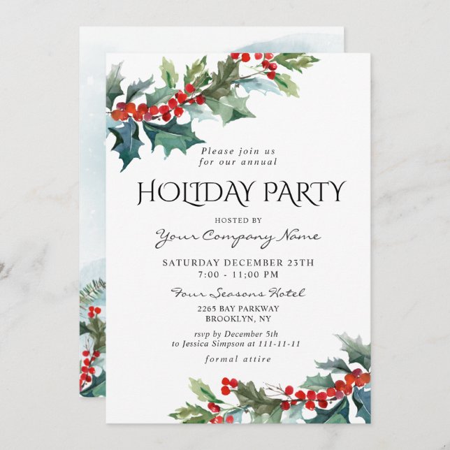 Red Holly Berry CORPORATE Christmas Holiday Party Invitation (Front/Back)