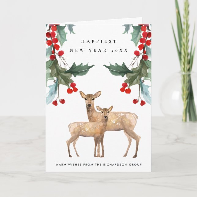 RED HOLLY BERRY DEER DUO NEW YEAR CORPORATE LOGO CARD (Front)