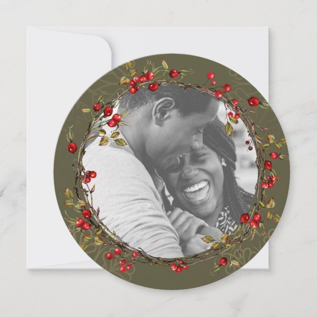 Red Holly Berry Wreath Photo Christmas Holiday Card (Front)