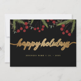 Red Holly Black & Gold Corporate Happy Holidays Holiday Card