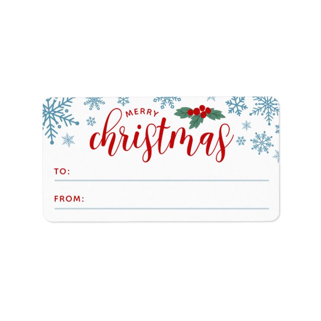 Red Holly Blue Snowflakes Merry Christmas To From Label (Front)