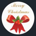 Red Holly Bow Merry Christmas or Happy Holidays Classic Round Sticker<br><div class="desc">Features a festive red bow with holly and berries. Merry Christmas is written in a pretty script typography above it in a gold colour. Wording can be changed if fits area or customise and move or reduce text size if needed. Or change to Happy Holidays. Simple and decorative for your...</div>