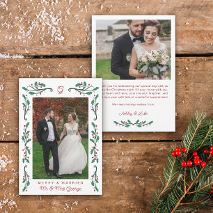 Red Holly Frame Merry & Married Christmas Photo Holiday Card