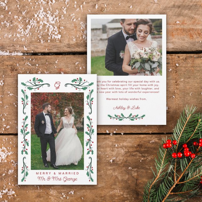 Red Holly Frame Merry & Married Christmas Photo Holiday Card (Creator Uploaded)