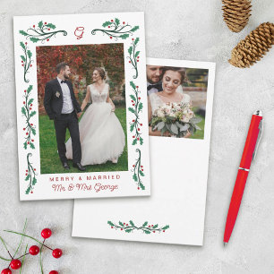 Red Holly Frame Merry & Married Christmas Photos Holiday Card