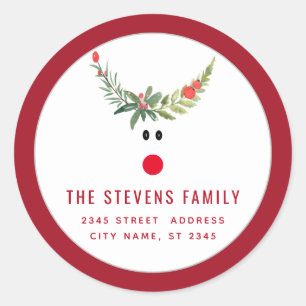 Red holly funny reindeer modern holiday classic round sticker