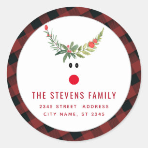 Red holly funny reindeer modern holiday classic round sticker