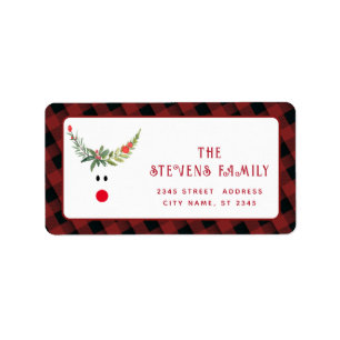 Red holly funny reindeer modern holiday label