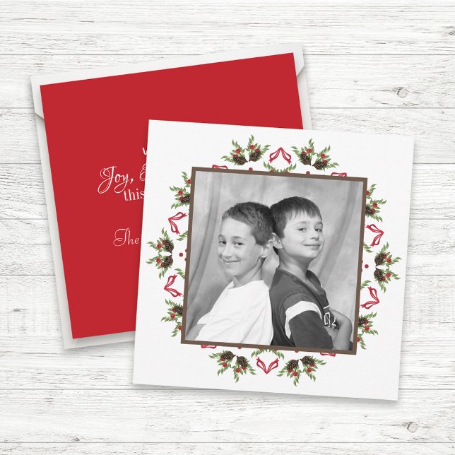 Red Holly Greenery Christmas Photo Custom Holiday Card (Red and green christmas photo card with elegant square design.)