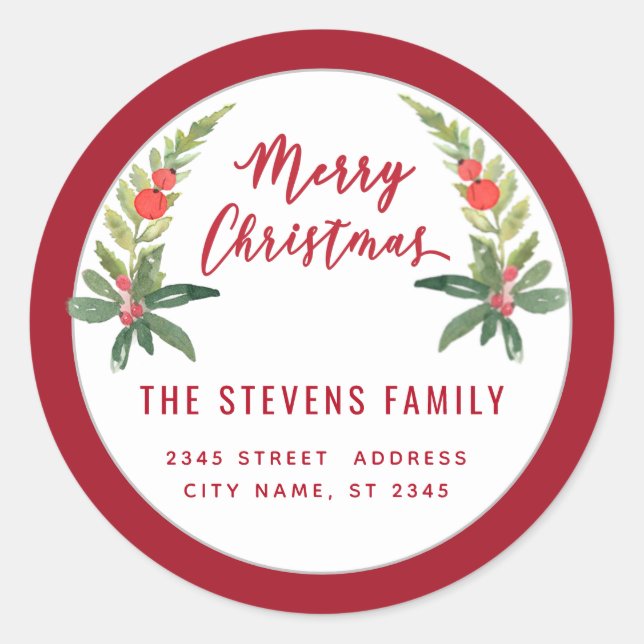 Red holly  modern script Merry Christmas Classic Round Sticker (Front)