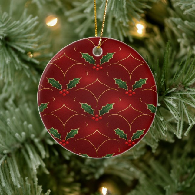 Red Holly Pattern – Elegant Christmas Style Ceramic Ornament (Tree)