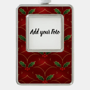 Red Holly Pattern – Elegant Christmas Style Silver Plated Framed Ornament
