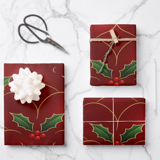 Red Holly Pattern – Elegant Christmas Style Wrapping Paper Sheet (Front)