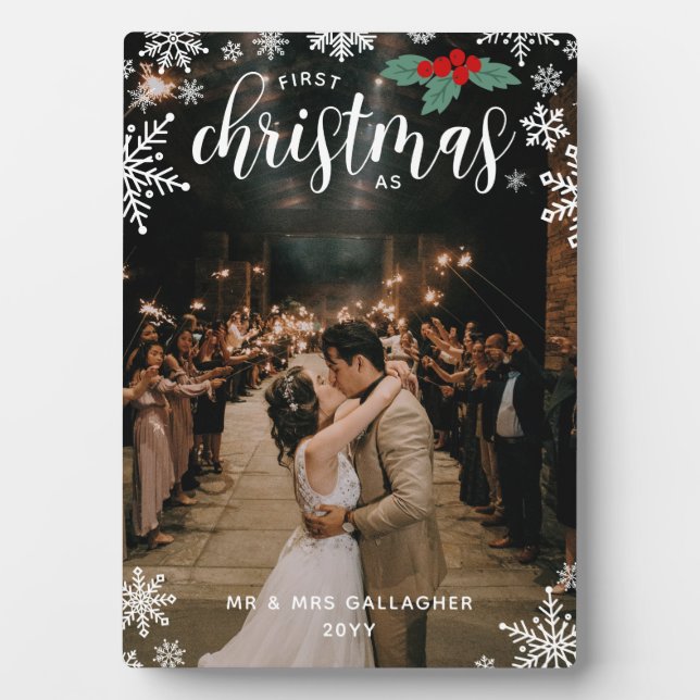 Red Holly Snowflakes 1st Christmas Wedding Photo Plaque (Front)