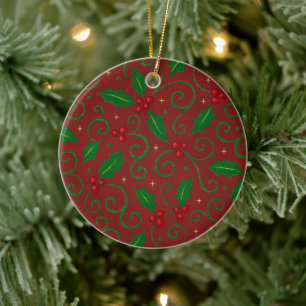 Red Holly Swirl Pattern – Festive Christmas Ceramic Ornament
