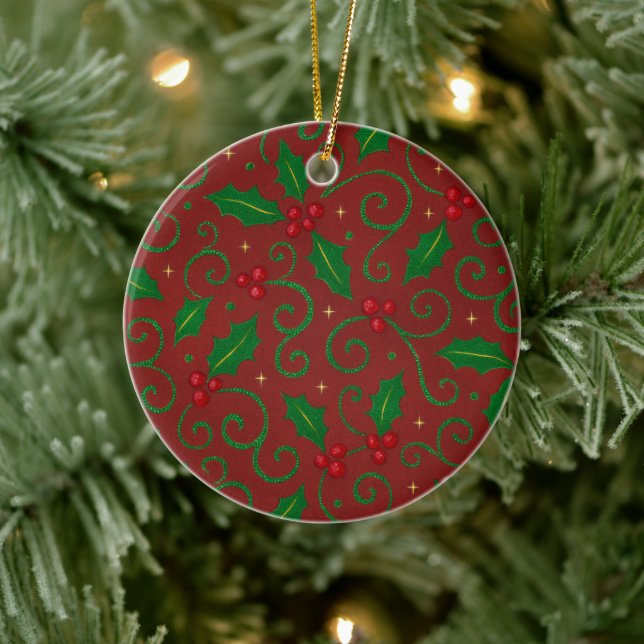 Red Holly Swirl Pattern – Festive Christmas Ceramic Ornament (Tree)