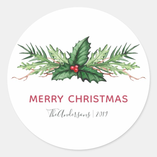 Red Holly Watercolor Foliage Christmas Holiday Classic Round Sticker (Front)