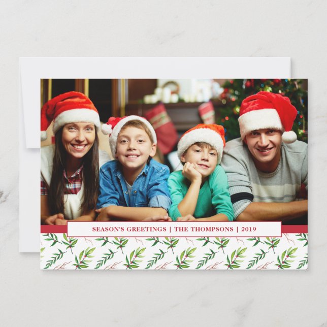 Red Holly Watercolor Merry Christmas Family Photo Holiday Card (Front)