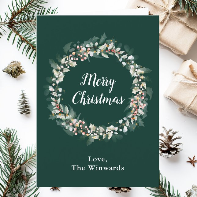 Red Holly Wreath Merry Christmas Holiday Card (Creator Uploaded)