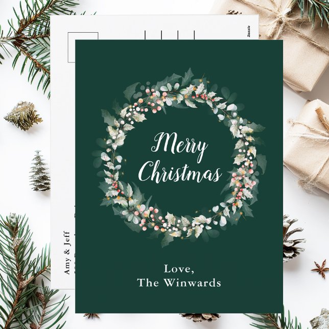 Red Holly Wreath Merry Christmas Holiday Postcard (Creator Uploaded)