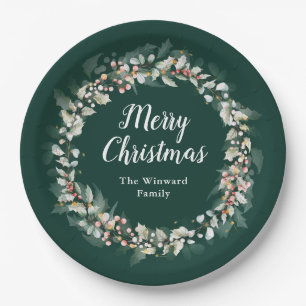 Red Holly Wreath Merry Christmas Paper Plate
