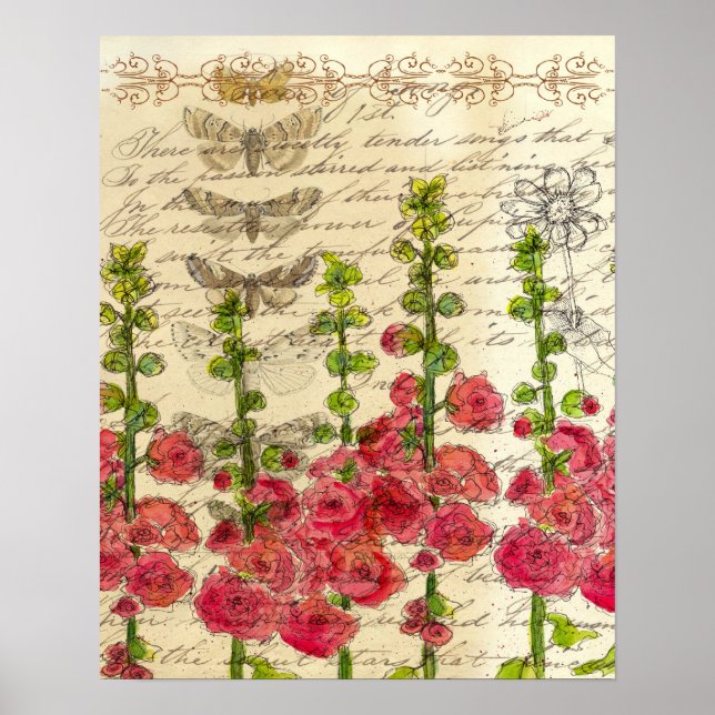 Red Hollyhocks Apple Blossom Butterfly Collage Poster (Front)