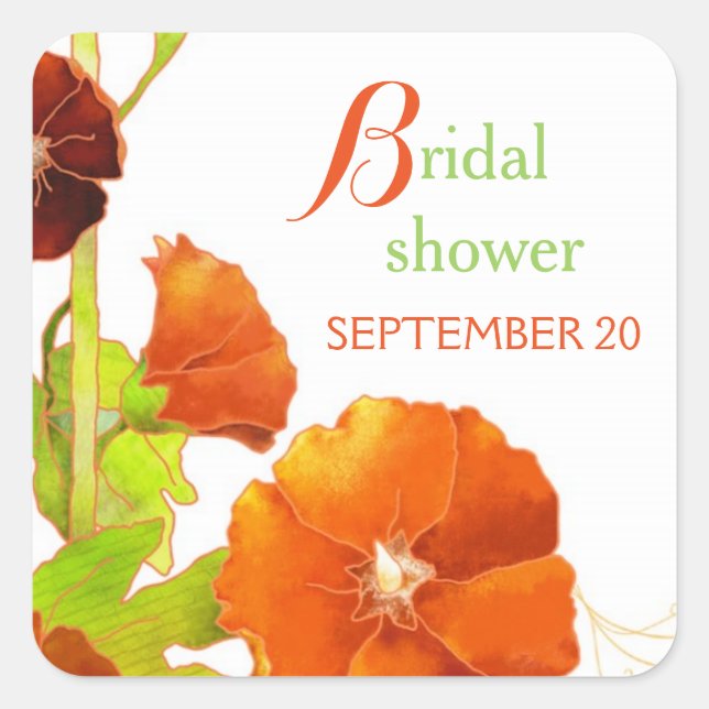Red Hollyhocks Floral Bridal Shower Square Sticker (Front)
