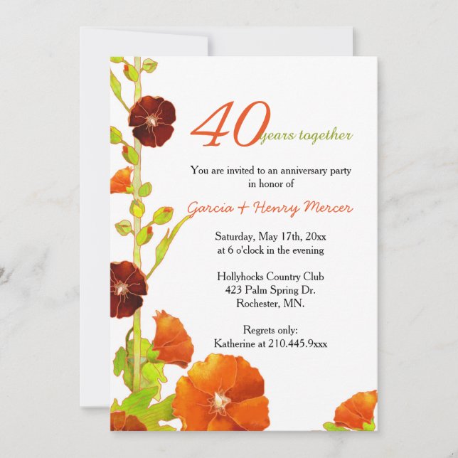 Red Hollyhocks White 40th Wedding Anniversary Invitation (Front)
