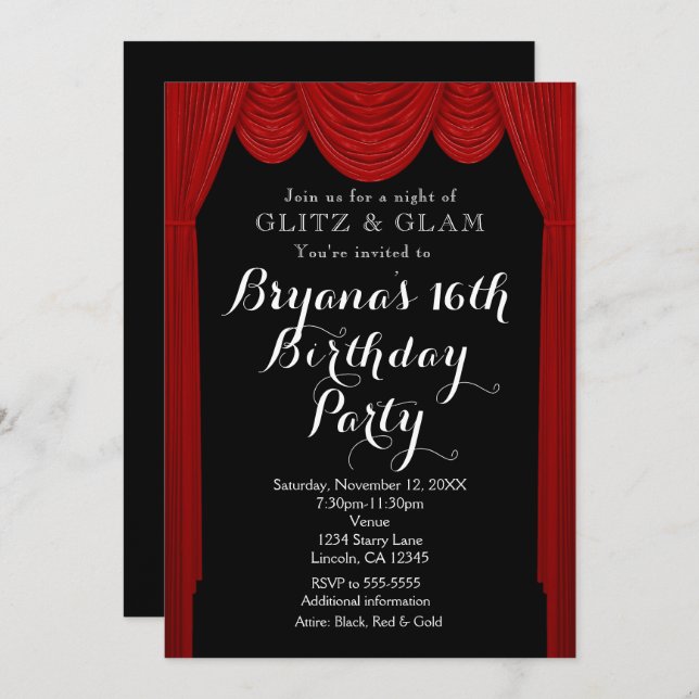 Red HOLLYWOOD Curtains Elegant Party Invitations (Front/Back)