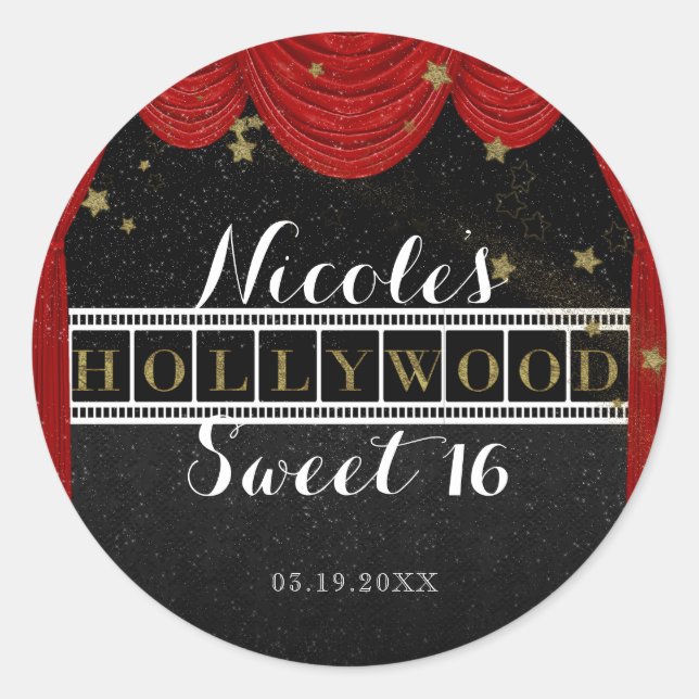 Red HOLLYWOOD Curtains & Gold Party Custom Favour Classic Round Sticker (Front)