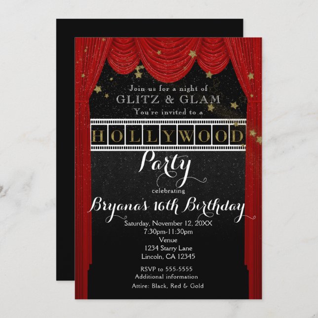 Red HOLLYWOOD Curtains & Gold Party Invitations (Front/Back)