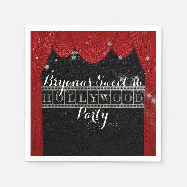 Red HOLLYWOOD Curtains & Silver Party Custom Napkin (Front)