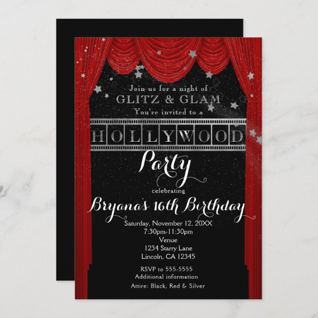 Red HOLLYWOOD Curtains & Silver Party Invitations (Front/Back)
