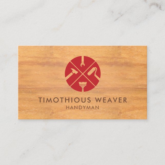 Red Home Repair Logo Wood Grain Business Card (Front)