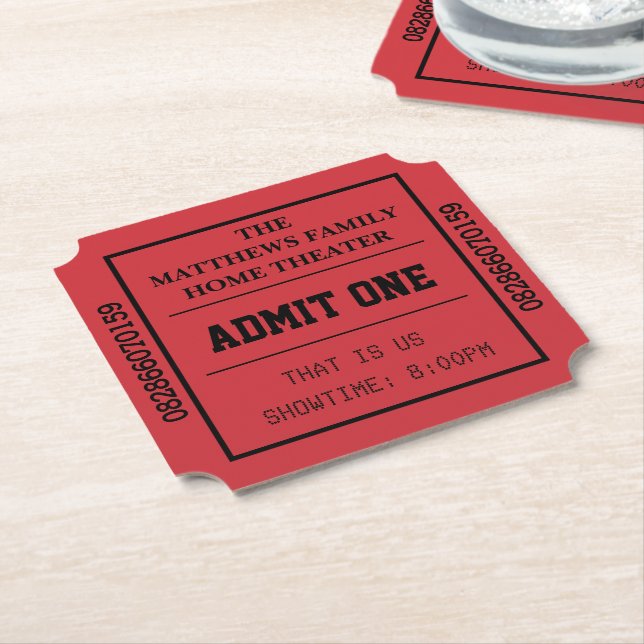 Red Home Theatre Personalised Movie Ticket Paper Coaster (Angled)