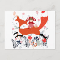 Red hood riding girl and fox in flower garden