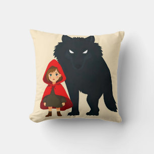 Red Hooded Figure Facing Majestic Wolf Cushion