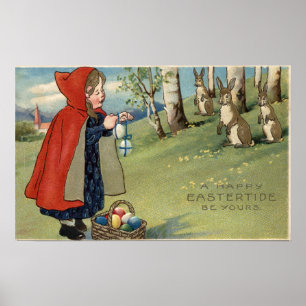 Red Hooded Girl Handing Eggs to Rabbits Poster
